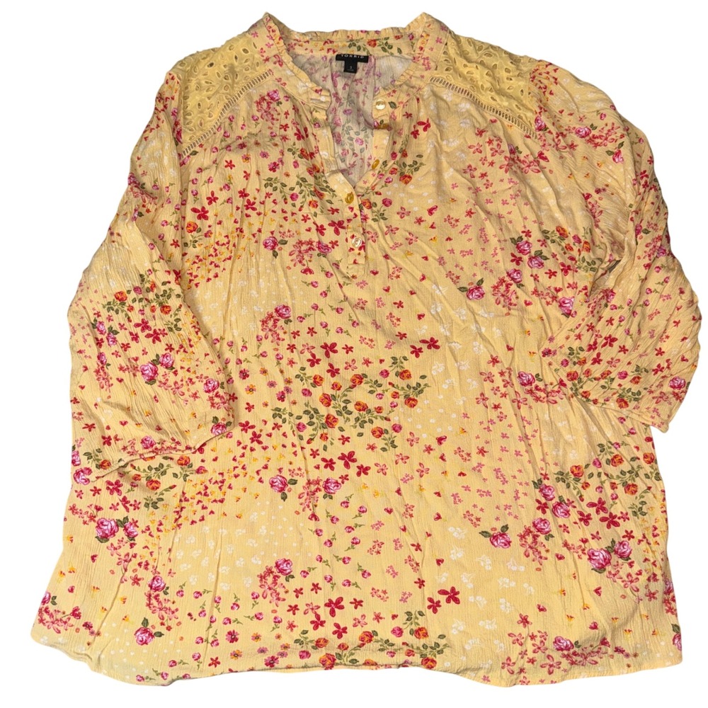 Torrid Yellow Floral Print Long Sleeve Crinkle Knit Button Up‎ Shirt Size  3X